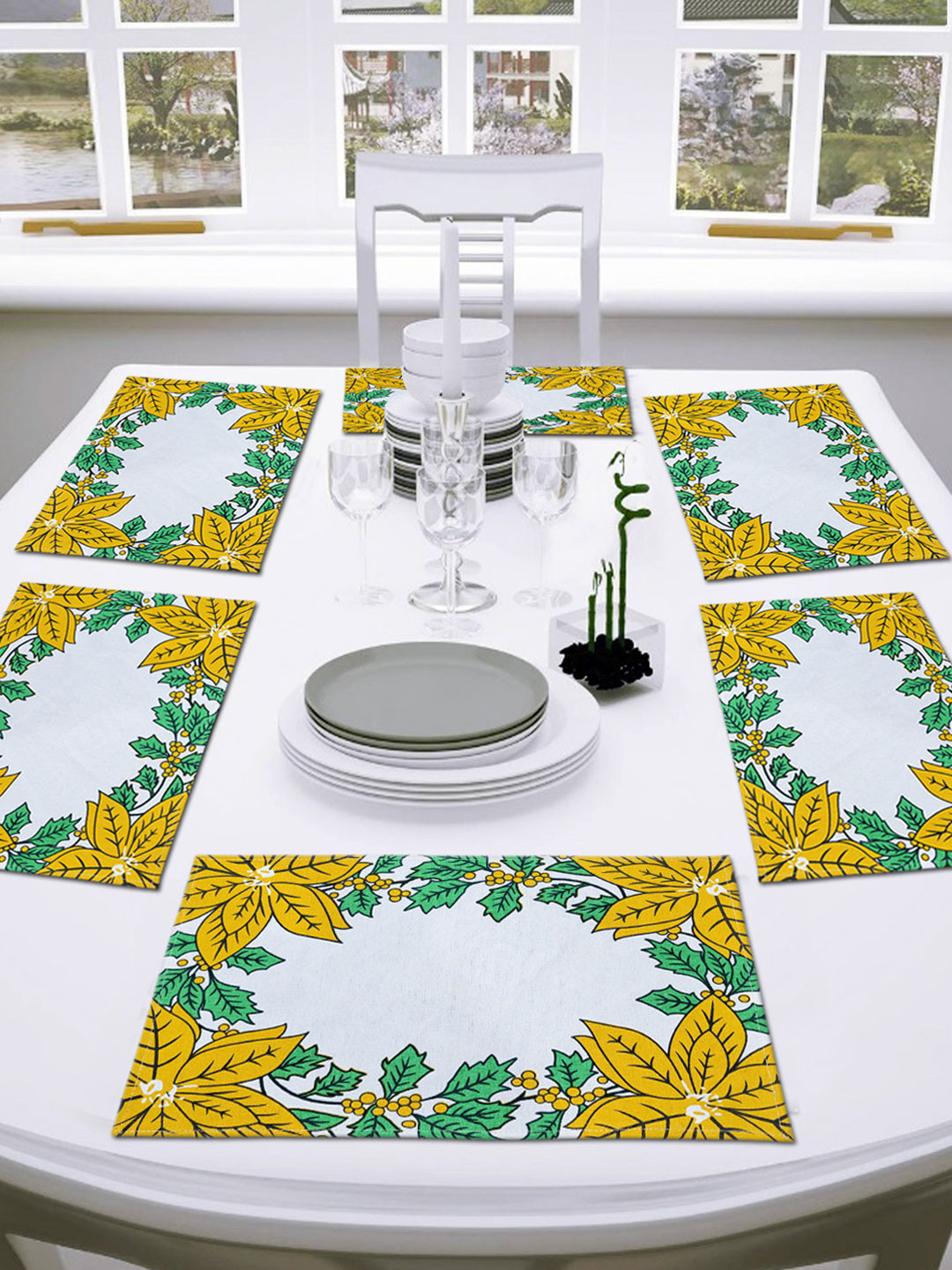 ANA Mustard-yellow & Green 6 Pieces Floral Printed Rectangle Cotton Table Placemats