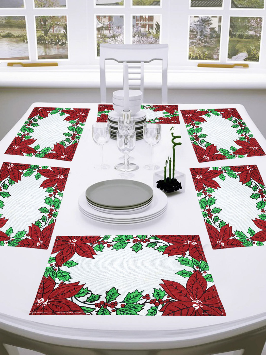 ANA 6 Pcs Red & Green Printed Cotton Table Placemats