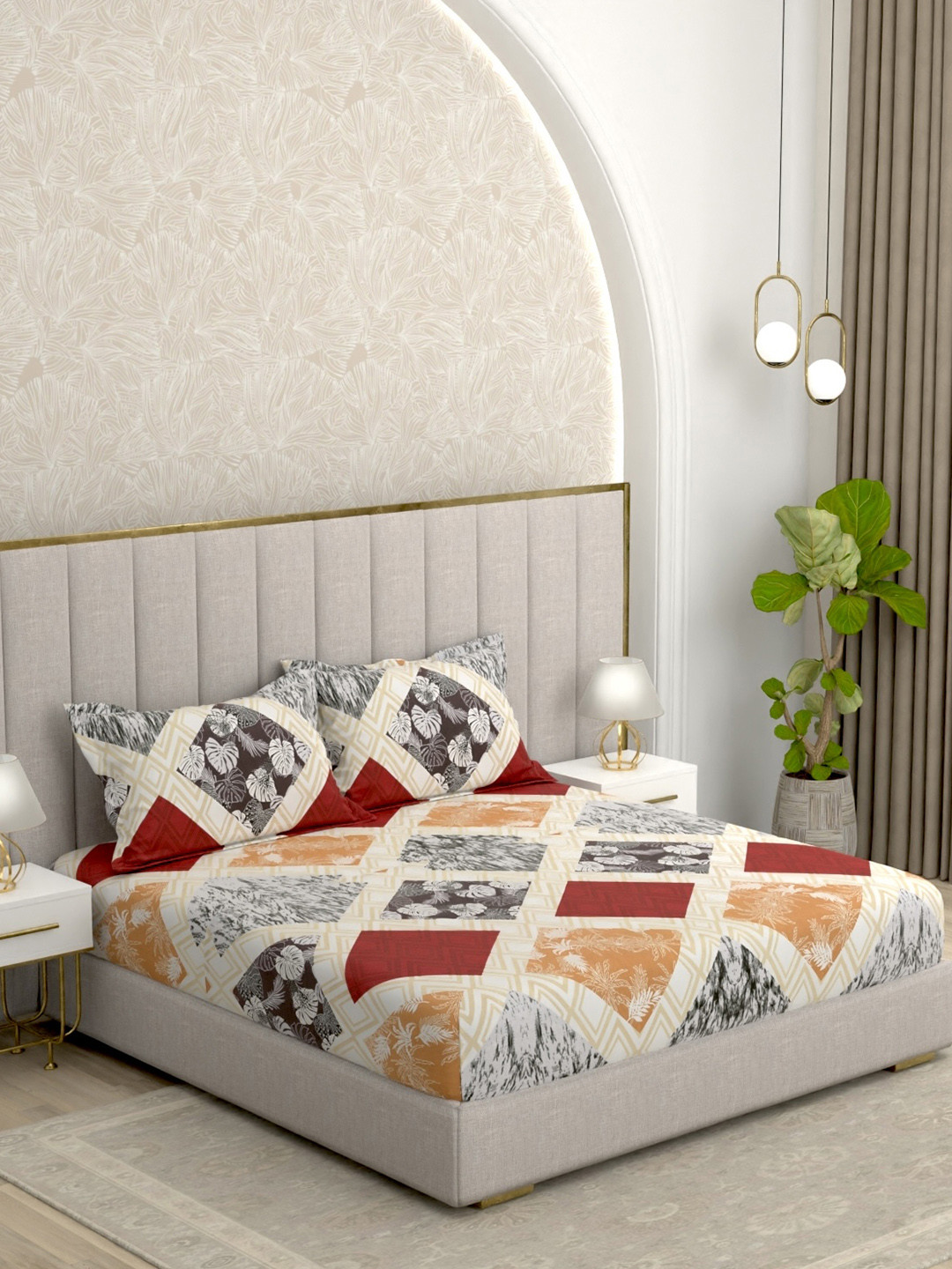 Pure Decor White Floral Cotton Feel Queen Double Bed Bedsheet & 2 Pillow Covers 228X254Cm