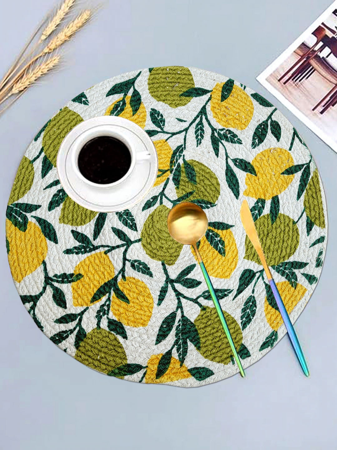ANA Green & Yellow 5 Pieces Floral Printed Round Reversible Cotton Table Placemats