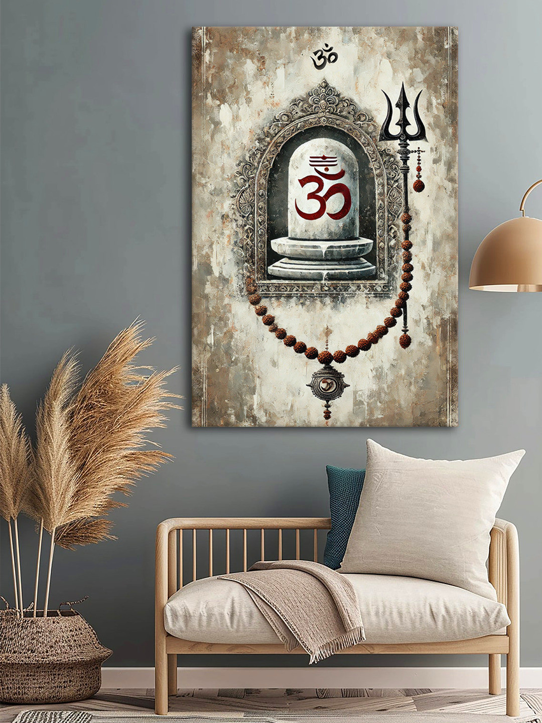 999Store Grey & Beige Om And Shiva Lingam Printed Canvas Wall Art