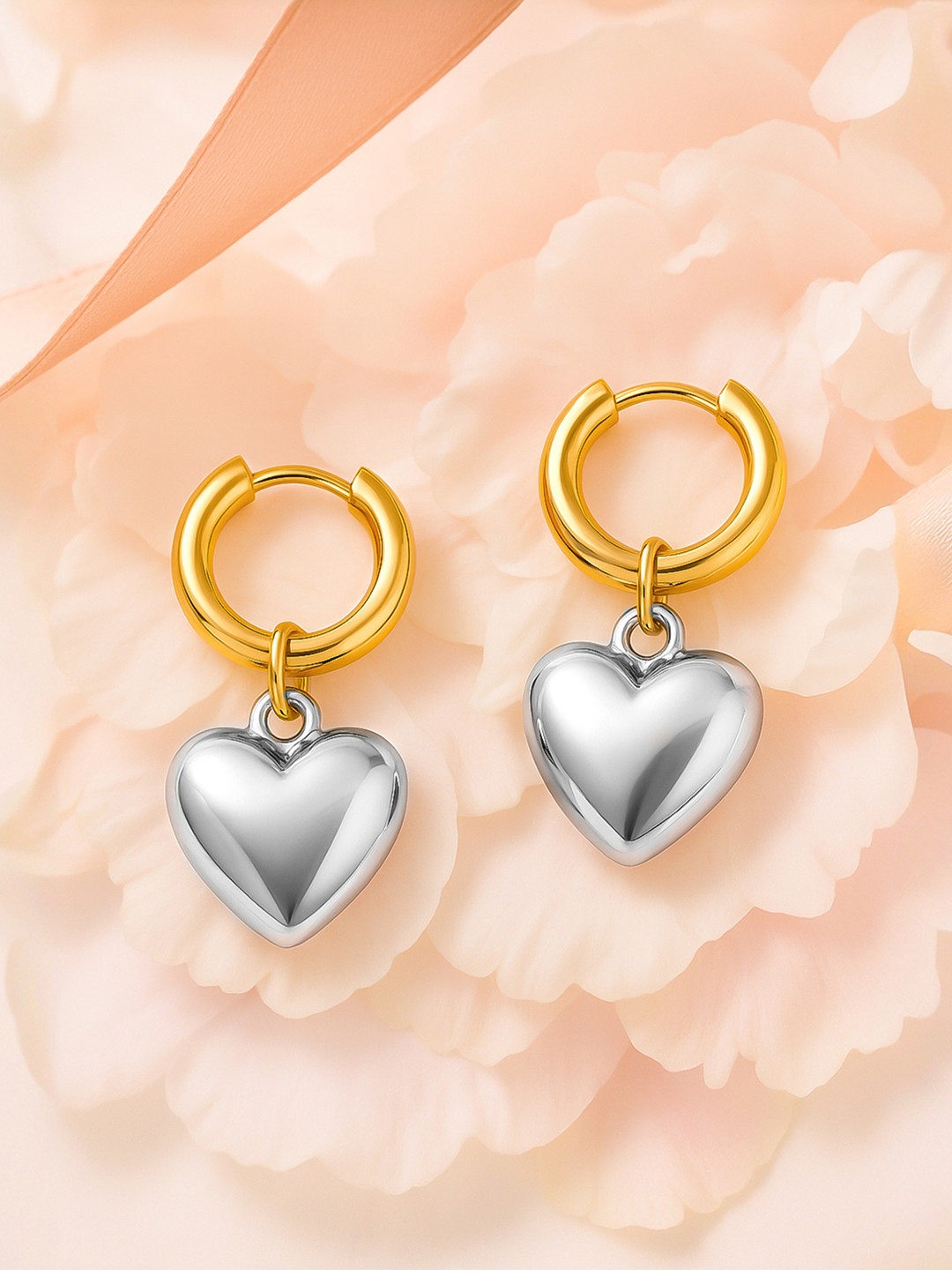 Rubans Dual Tone Gold & Silver Plated Heart Charm Hoop Earrings