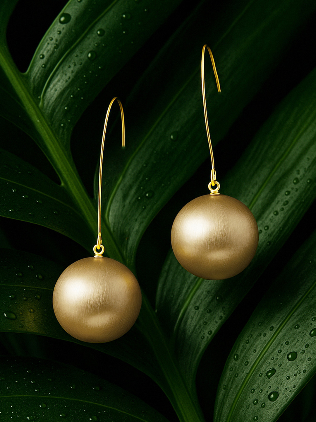 Rubans 18K Gold Plated Round Sphere Drop Earrings with Long Wire Hook Design