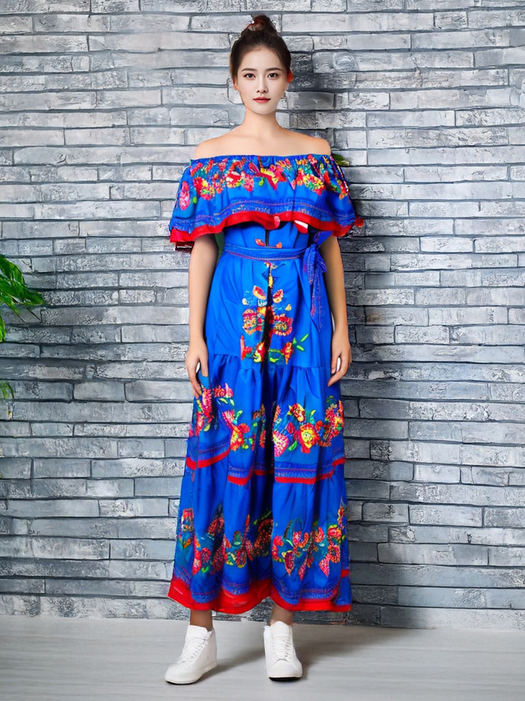 KPOP Floral Printed Off-Shoulder Short Sleeves A-Line Maxi Dress