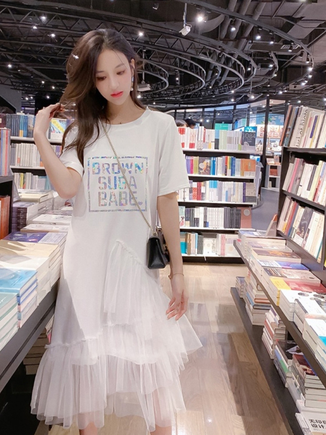 White Graphic Print Midi Dress with Ruffles