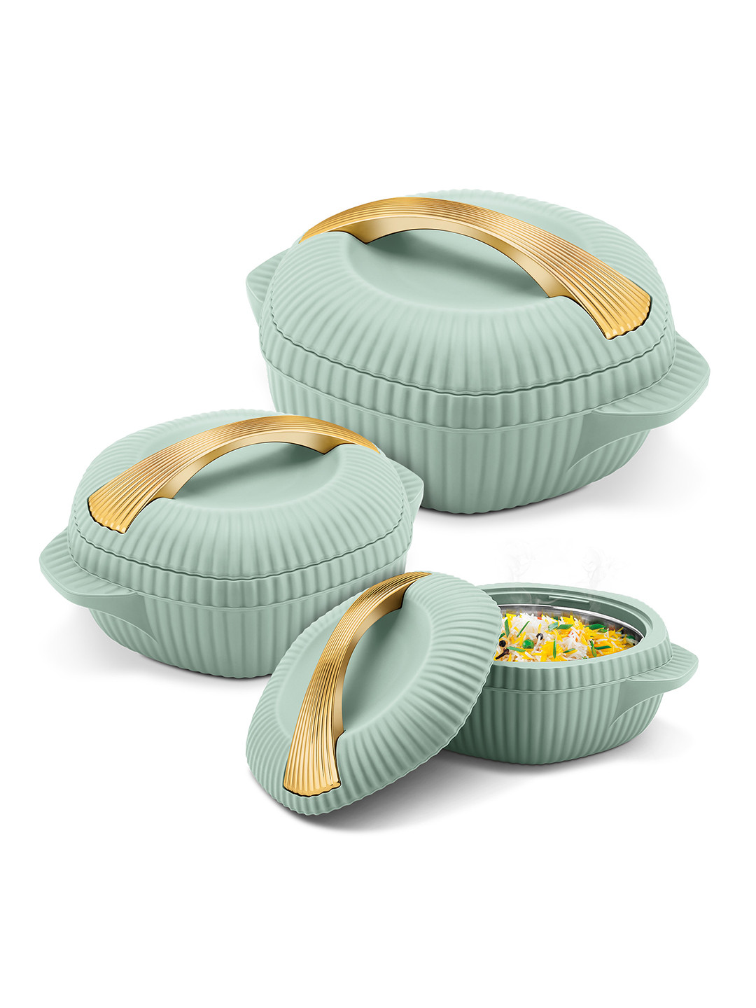 Milton Oyster Reg Green & Gold Toned 3 Pieces Textured Stainless Steel Casserole