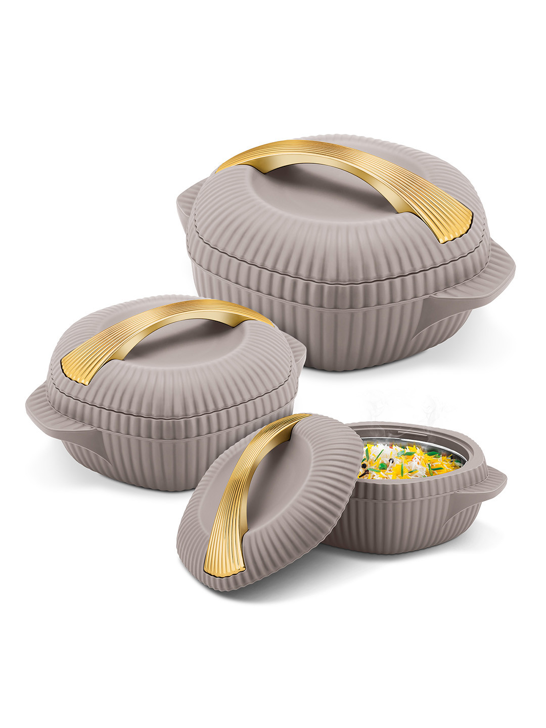 Milton Oyster Reg Taupe & Gold Toned 3 Pieces Textured Stainless Steel Casserole