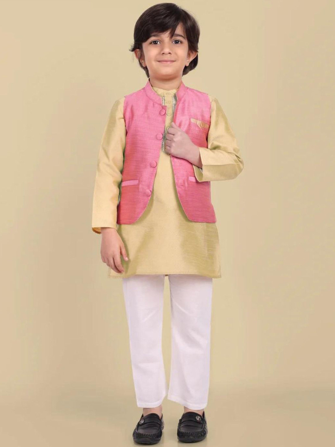 Mera Rang Boys Mandarin Collar Cotton Silk Straight Kurta with Pyjamas & Nehru jacket