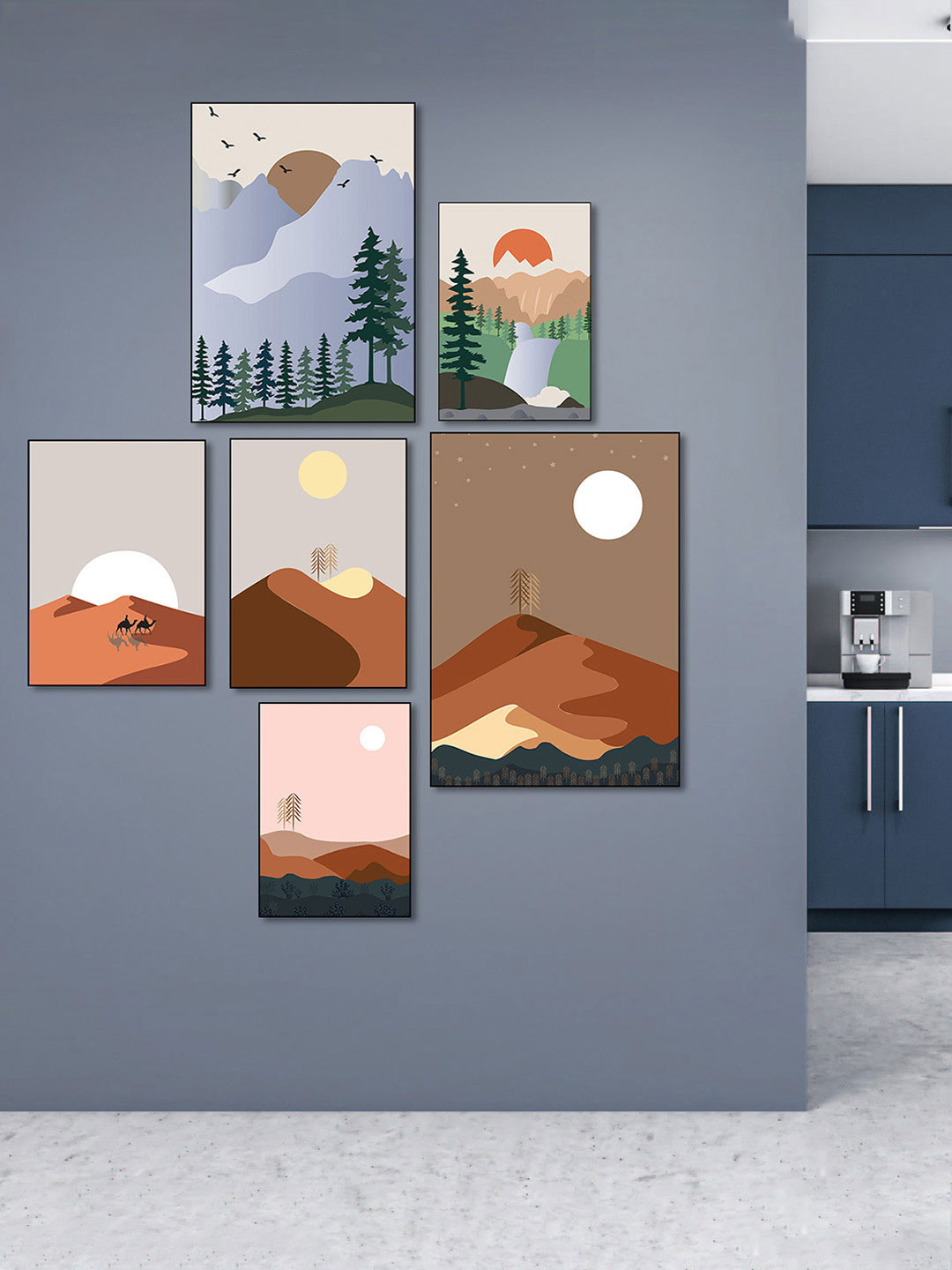 nestroots Sunrise Sonata Brown & Blue 6 Pieces Canvas Wall Paintings