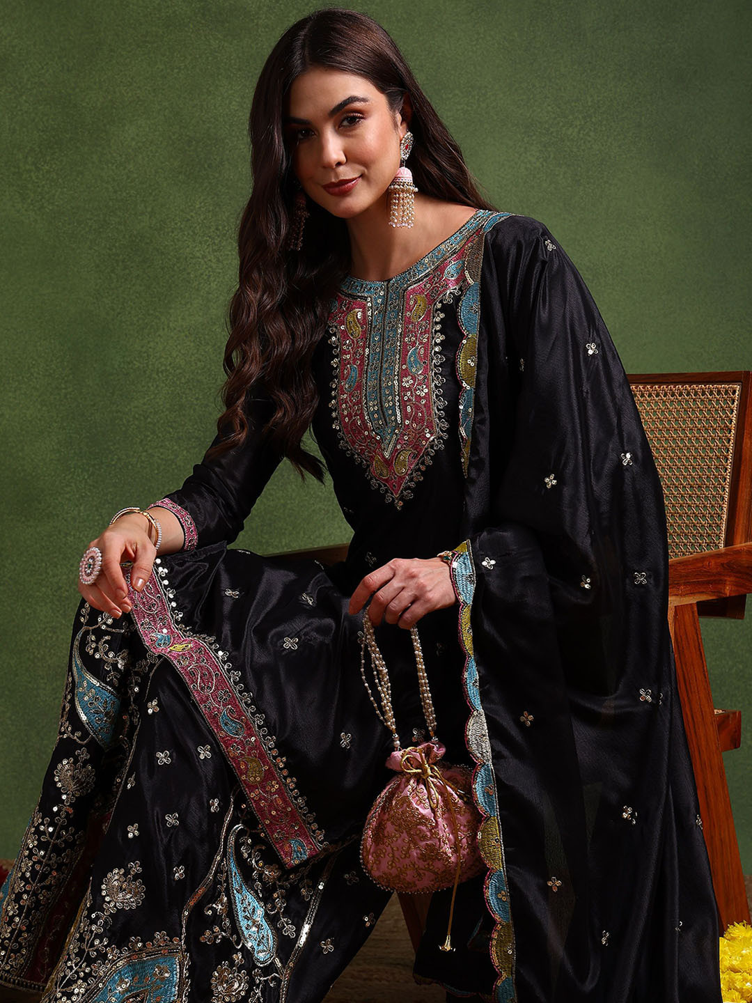 BHARODIYA ENTERPRISES Ethnic Motifs Embroidered Sequinned Silk Chiffon Kurta Set