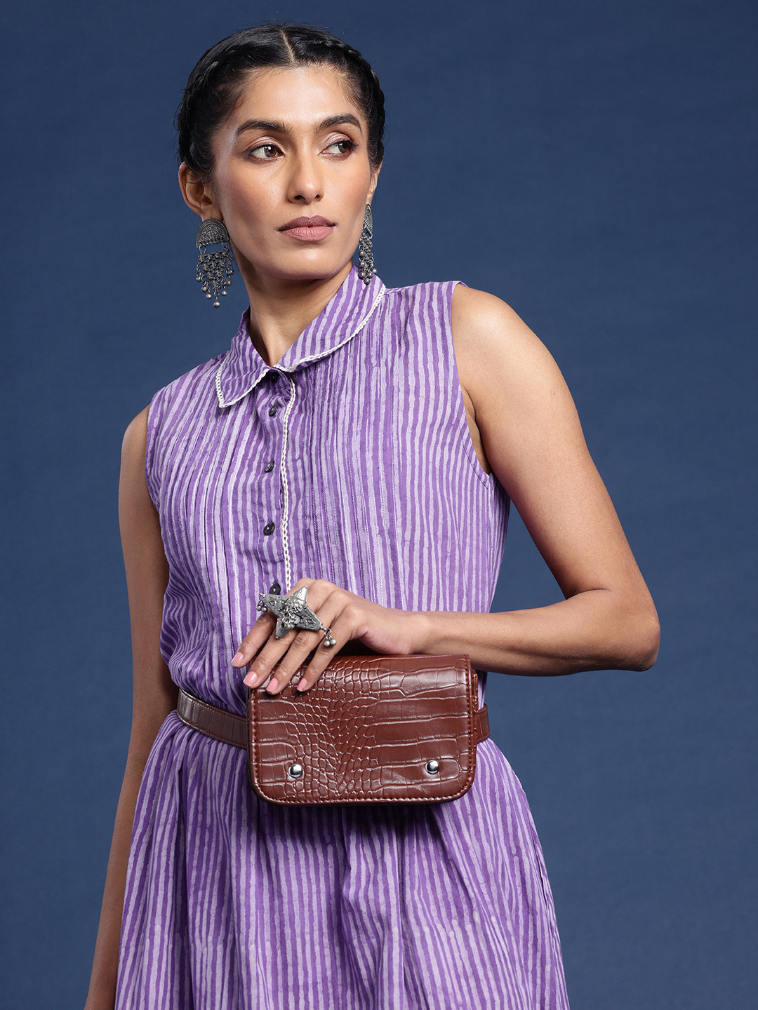 Women Purple HandBlock A-Line Pure Cotton Dress with Pleats & Pockets