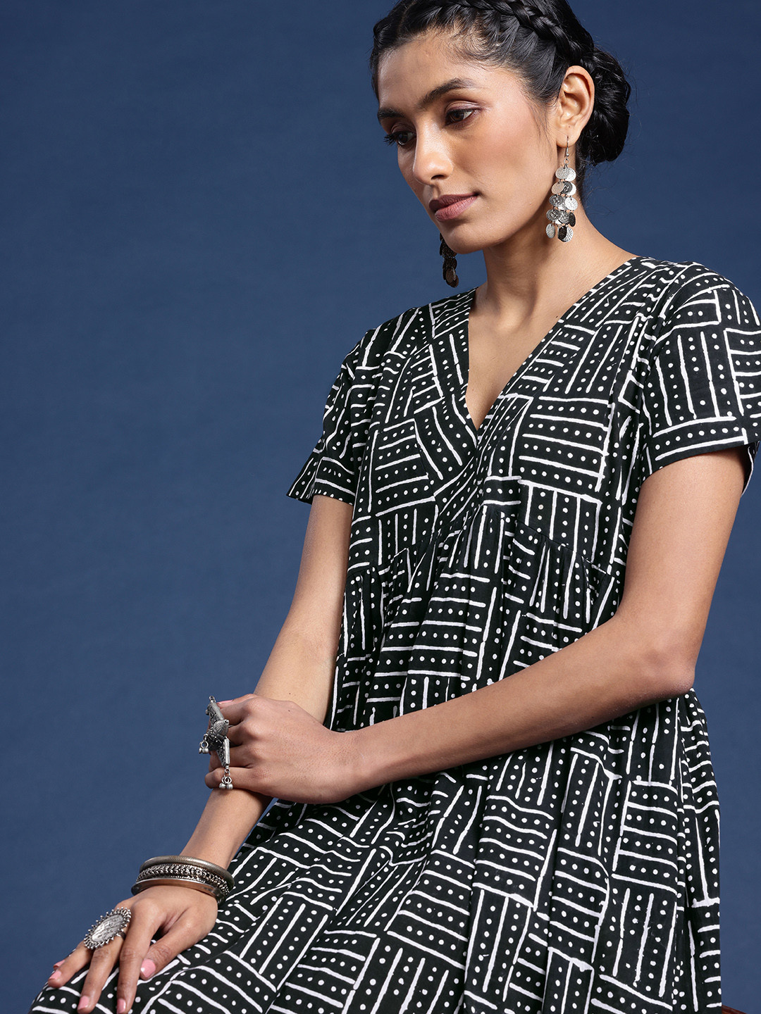 Women Pure Cotton Printed Black and White Flared Maxi Dress