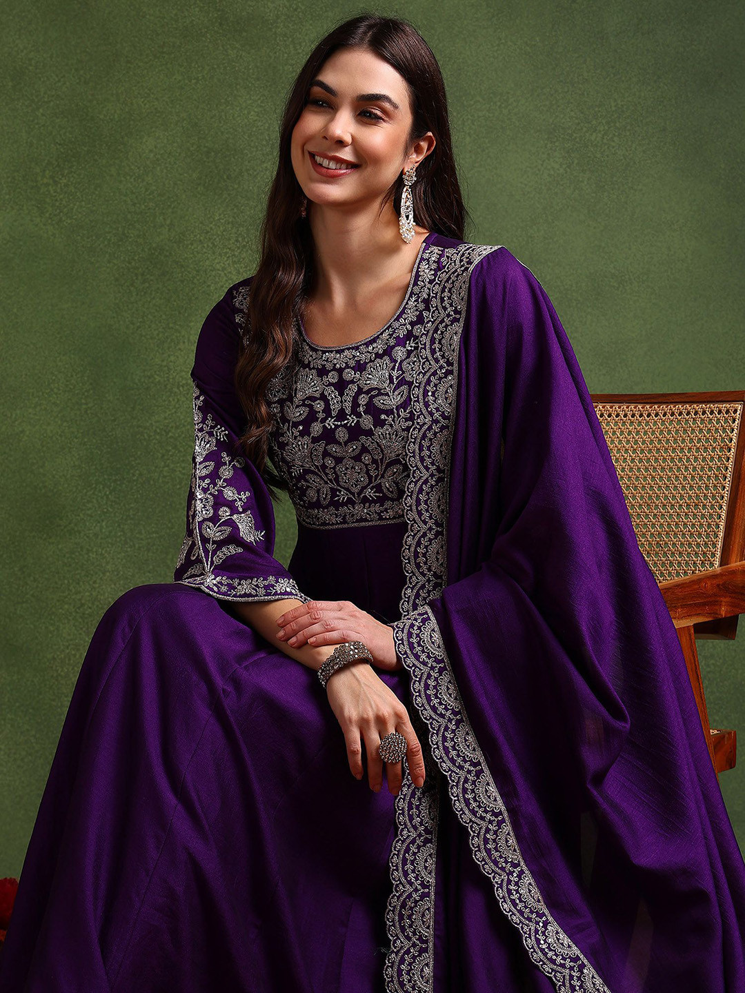 AHIKA Floral Embroidered Anarkali Gown With Dupatta