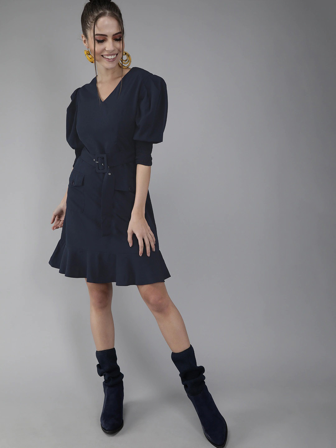 ZYNG Women Puff Sleeve Comes with a belt A-Line Dress