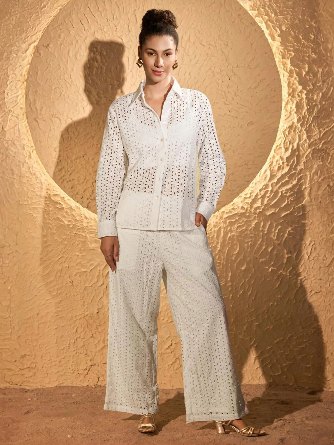 Urban Sundari Self Design Pure Cotton Schiffli Shirt With Trousers & Crop Top