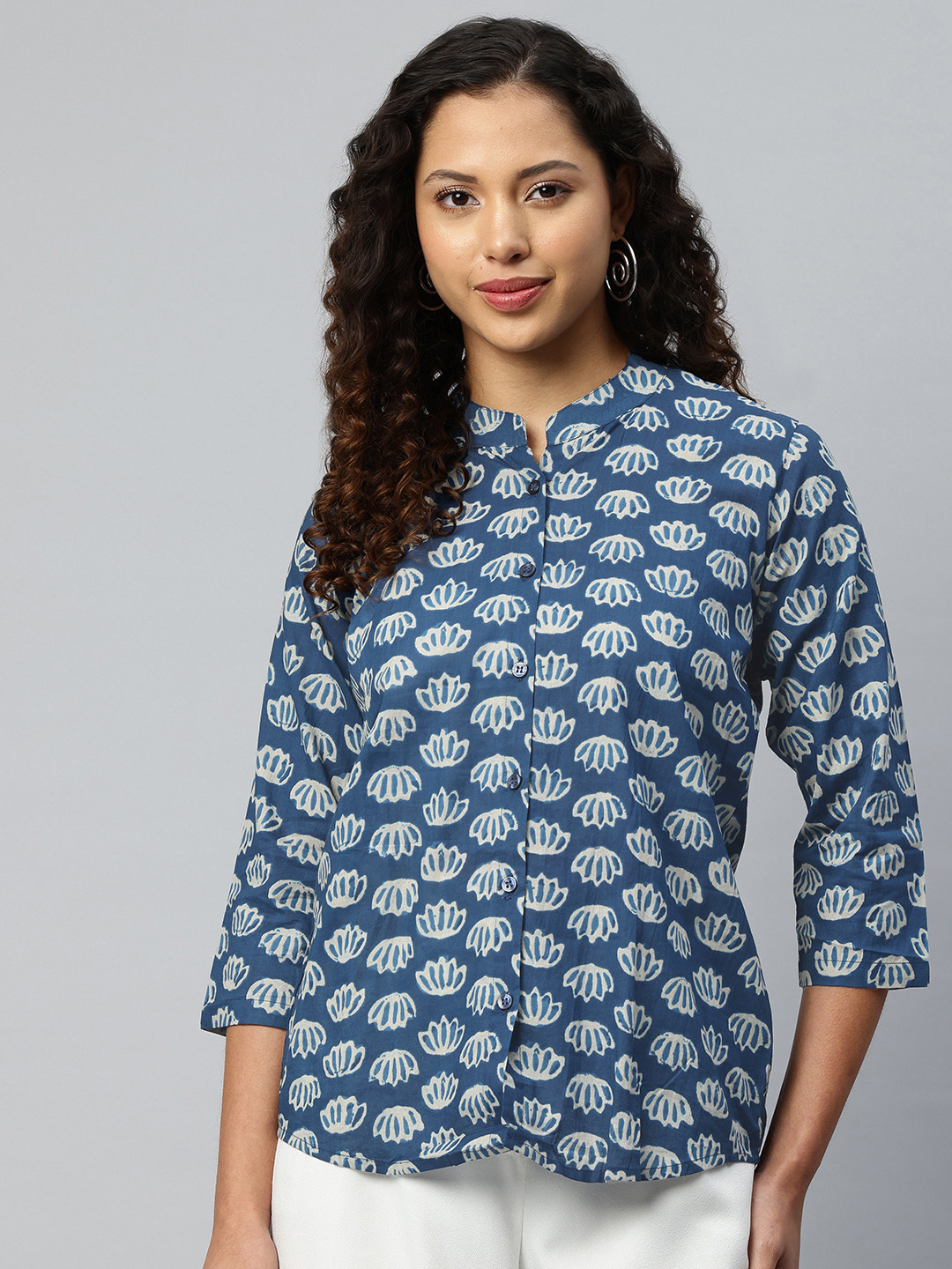 One Femme Print Mandarin Collar Indigo Cotton Shirt Style Top
