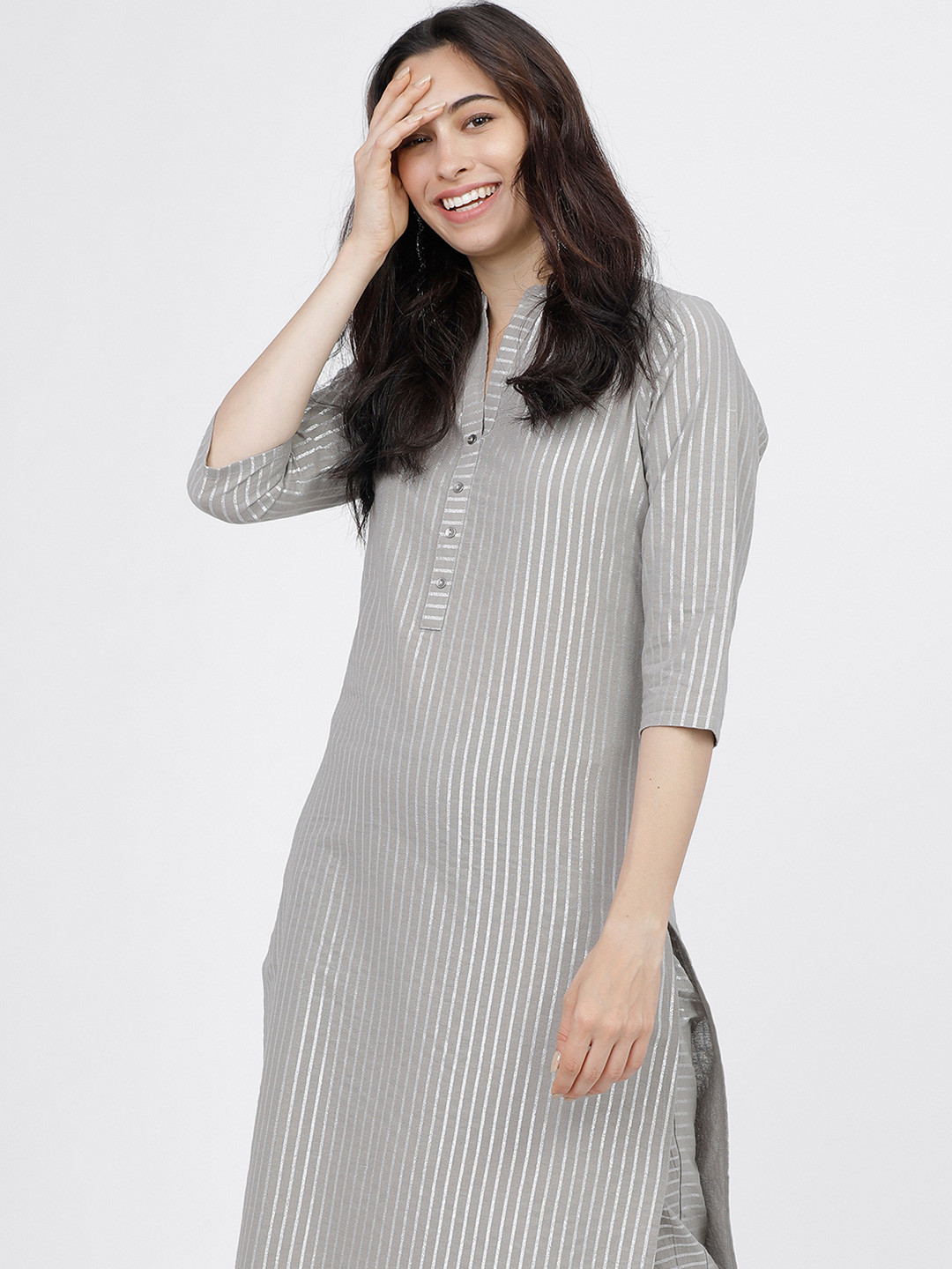 Vishudh Striped Mandarin Collar Pure Cotton Straight Kurta with Trousers