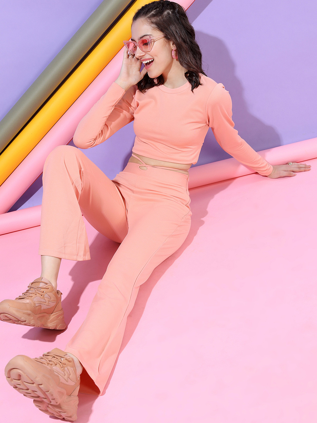 Tokyo Talkies Coral Round Neck Long Sleeves Crop Top With Trouser