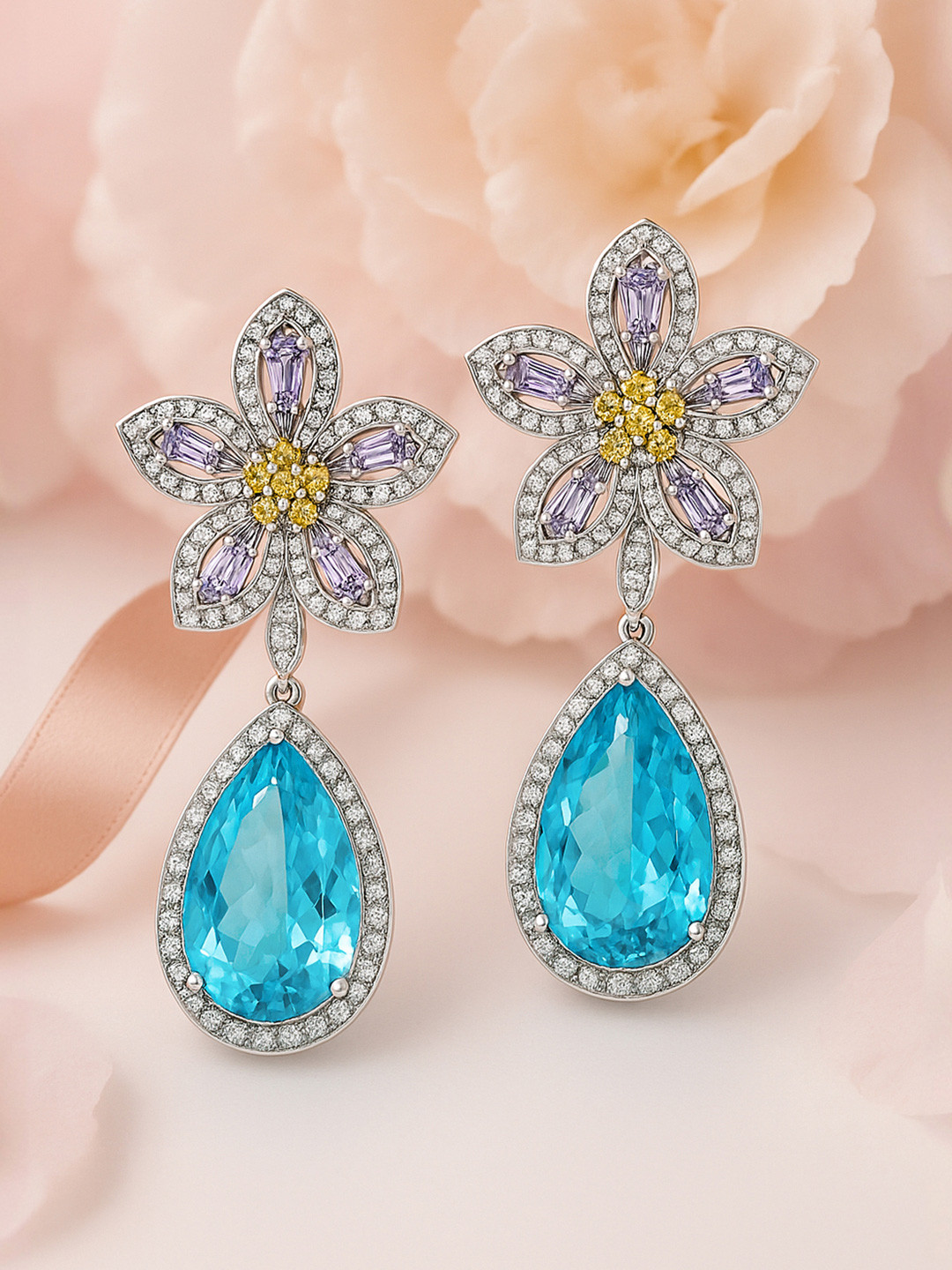 Rubans Rhodium-Plated Lavender, Yellow & Aqua Blue AD & CZ Studded Floral Drop Earrings