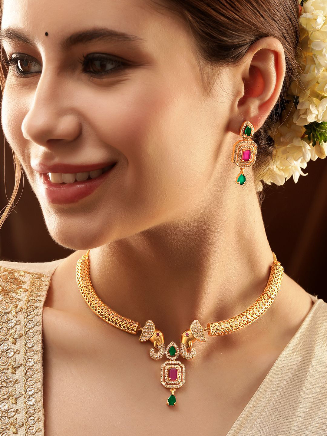 Rubans 22K Gold-Plated Ruby & Emerald CZ Stone Studded Elephant Motif Necklace Set