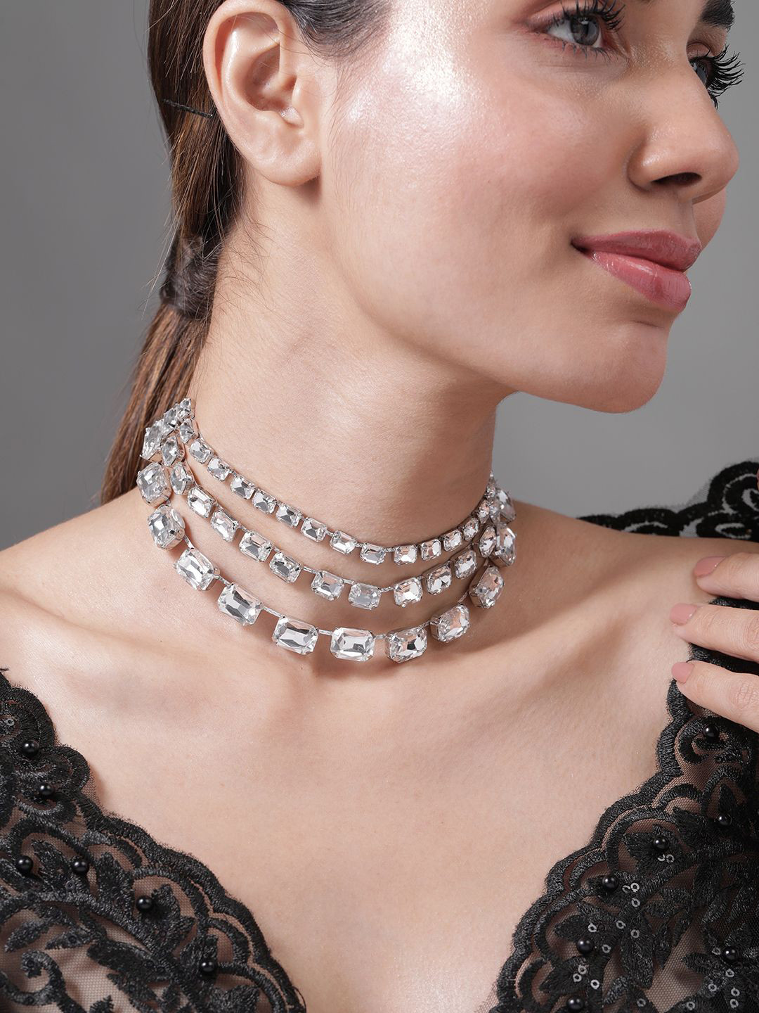 Rubans Rhodium Plated Crystal AD & Zirconia Studded Luxurious Multilayer Necklace