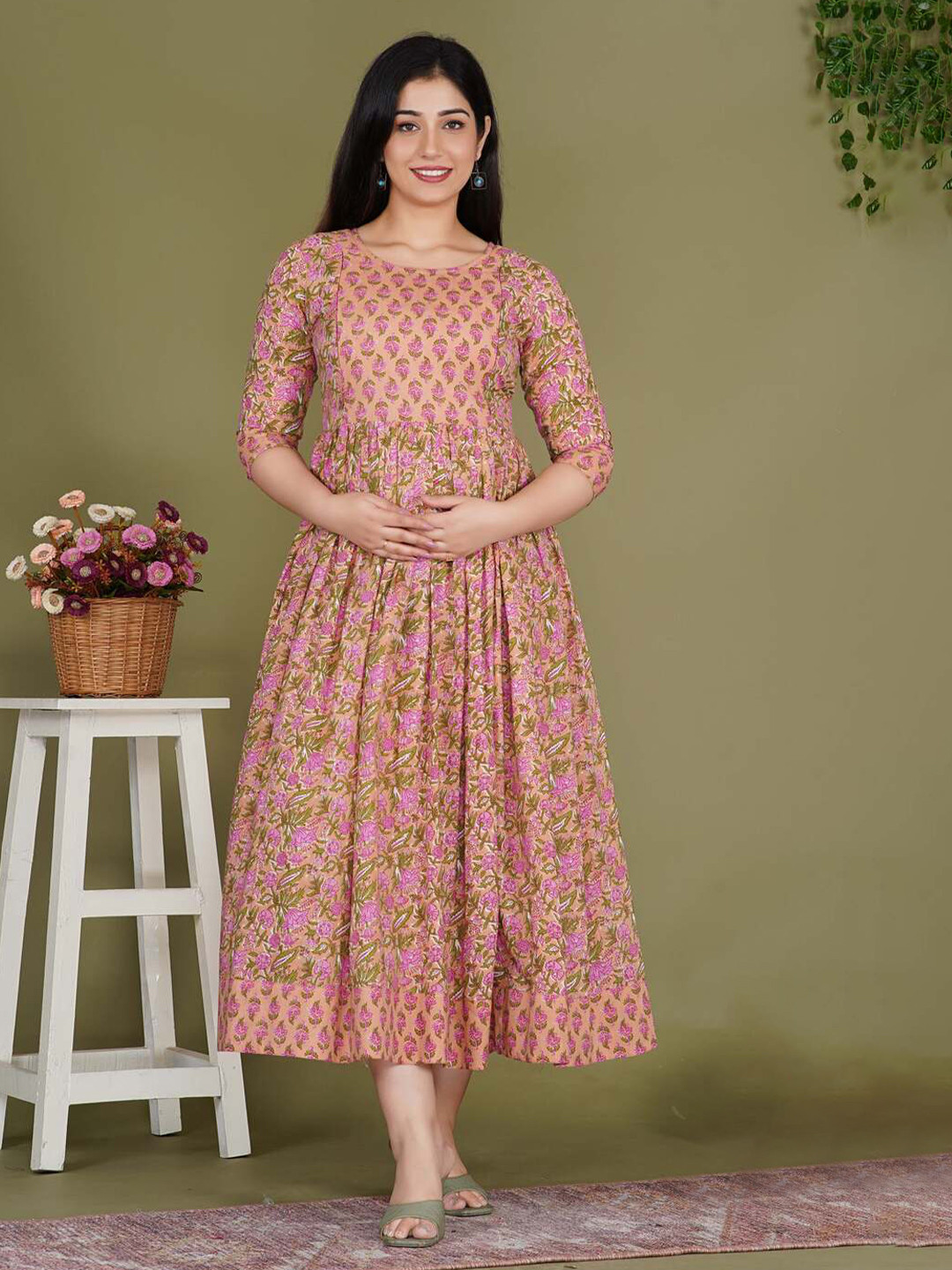 Pink Floral Print Maxi Dress with Three-Quarter Sleeves