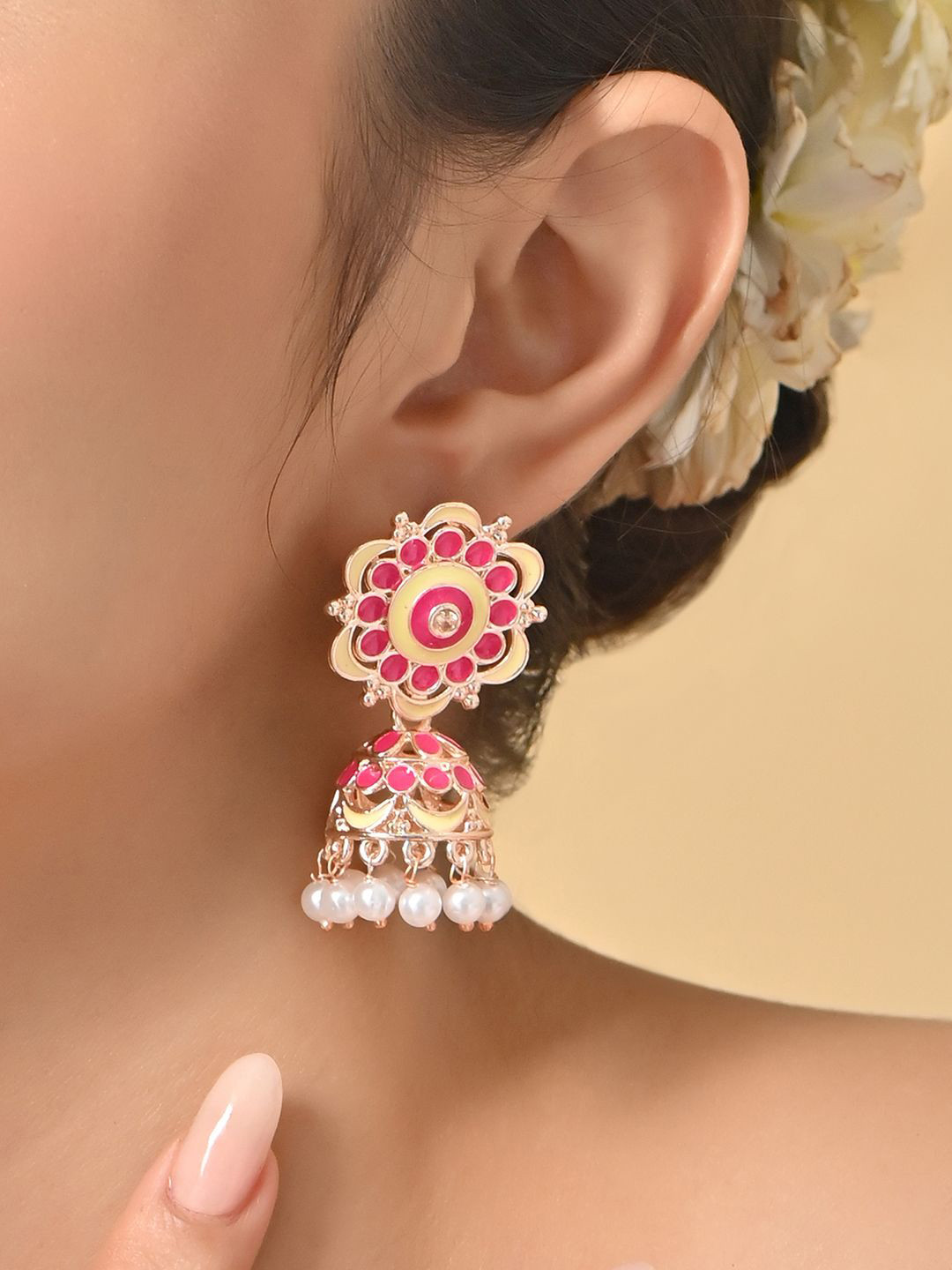 Fida Gold-Plated Pearls Beaded Floral Jhumkas