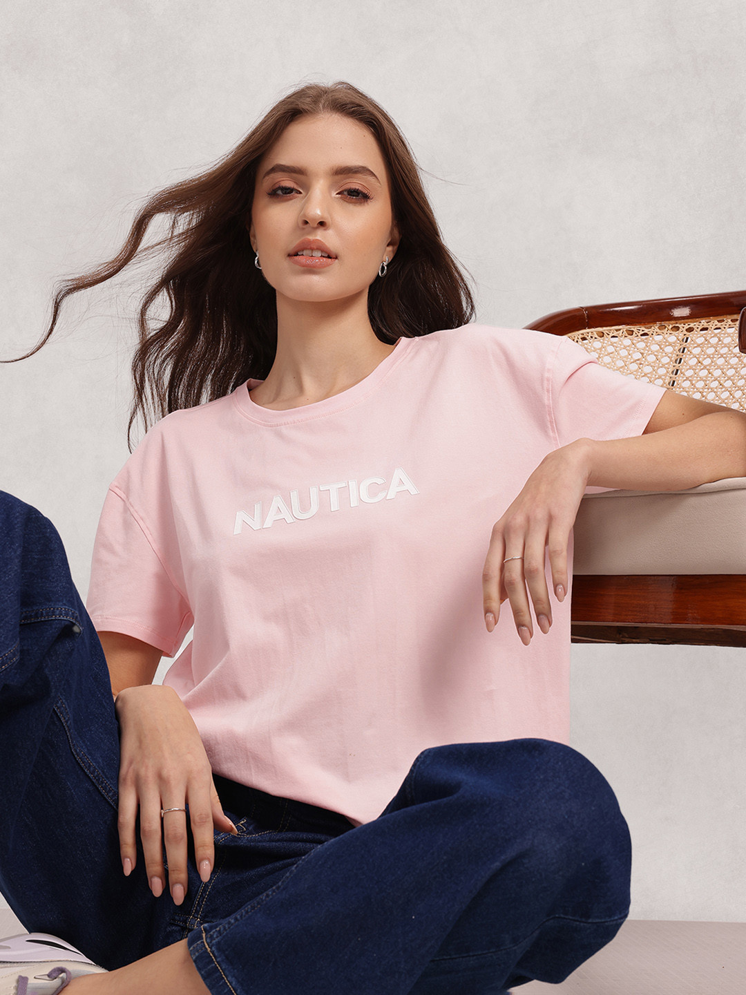Nautica Brand Logo Printed Drop-Shoulder Sleeves T-shirt