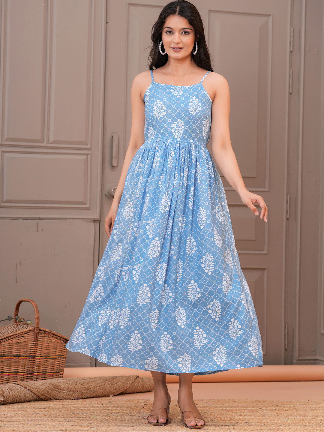 GORDHAN Floral Printed Shoulder Straps Fit & Flare Maxi Dress