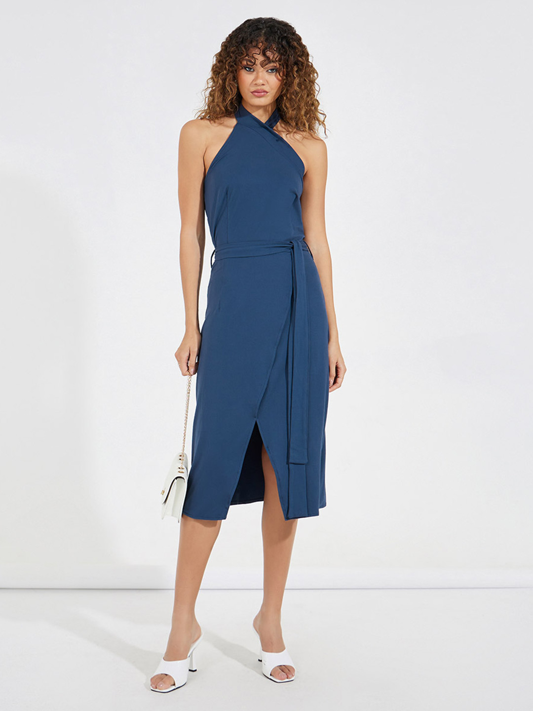 Styli Blue Halter Neck Wrap Midi Dress