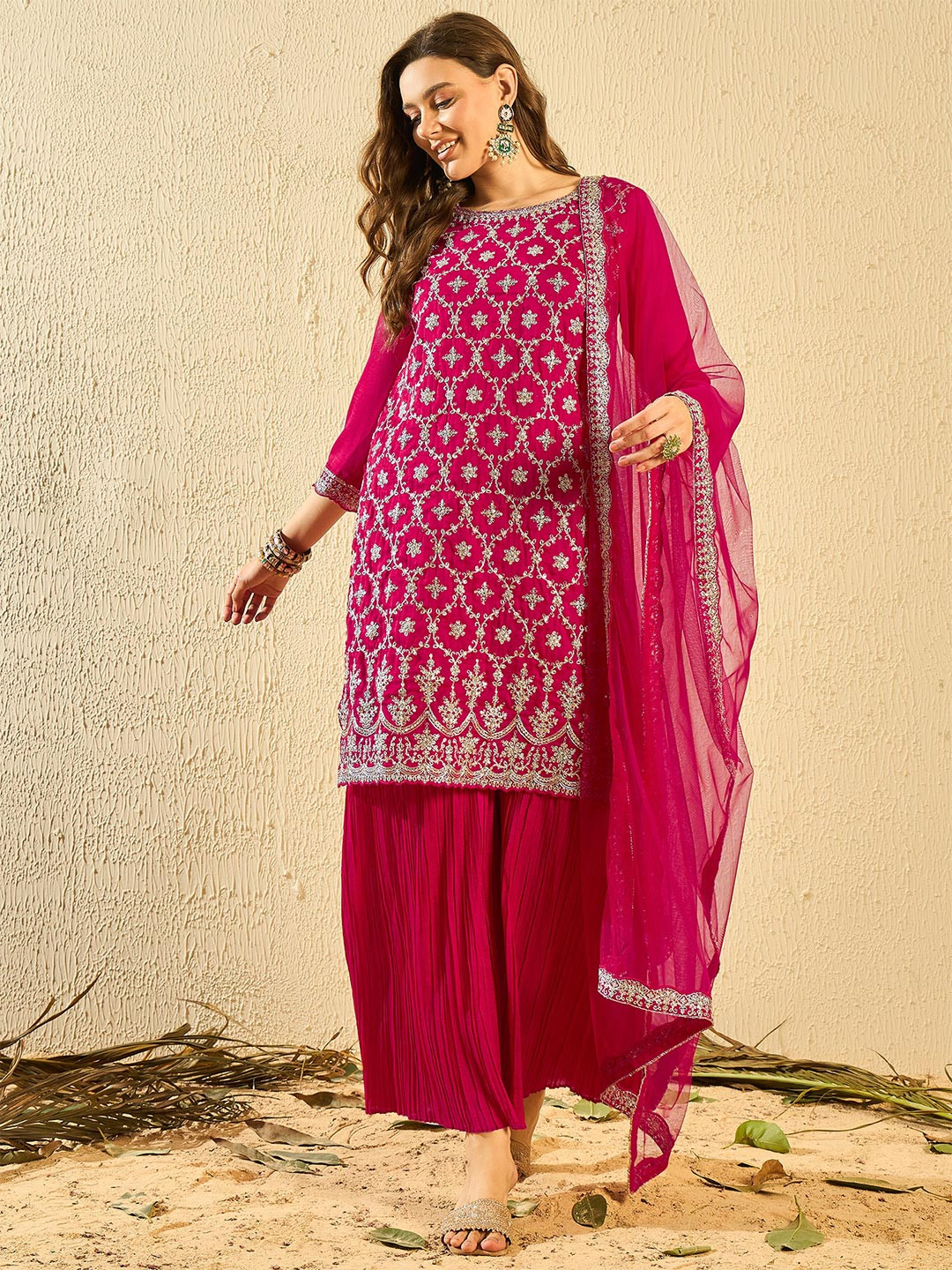 SERONA FABRICS Floral Embroidered Thread Work Straight Kurti with Sharara & Dupatta