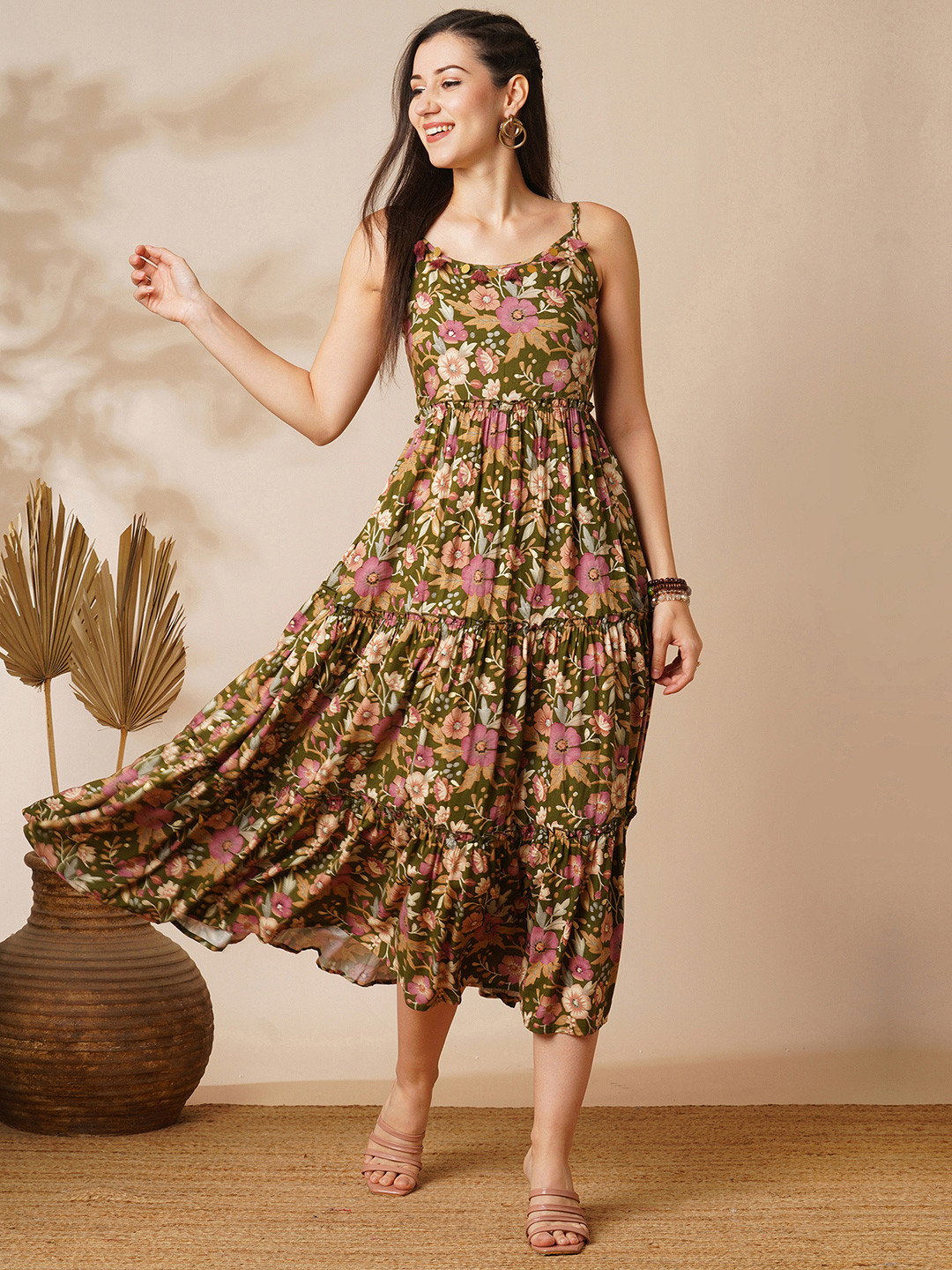 Globus Strappy Shoulder Coin & Tassel Detail Floral Print Fit & Flare Midi Fusion Dress