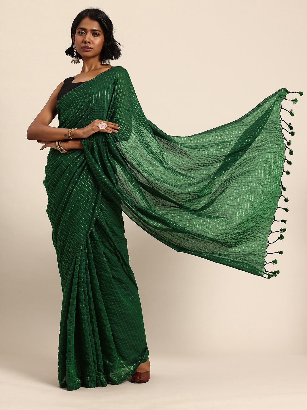 ArtEastri Handmade Green Striped Saree With Blouse Piece Pure Cotton Saree