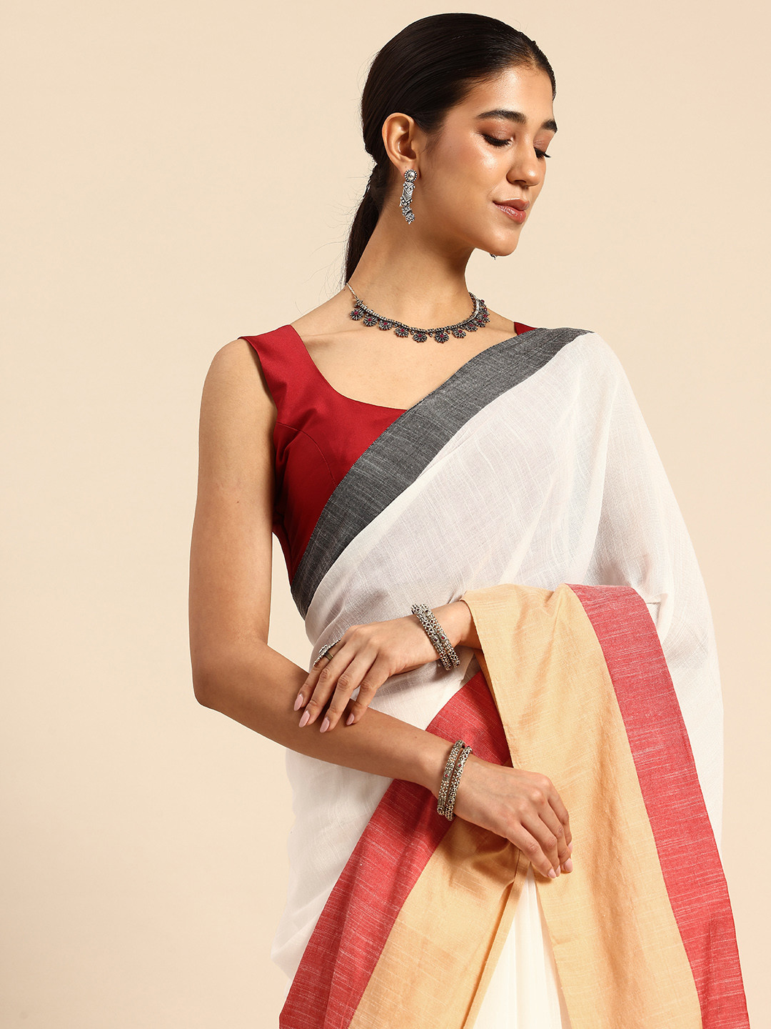 ArtEastri Colorblock Cotton Saree with Blouse piece