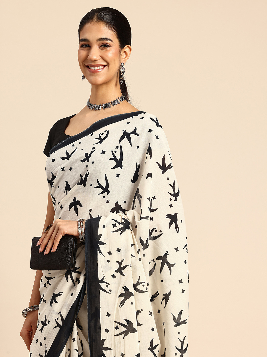 ArtEastri Bird Print Cotton Saree with Blouse piece