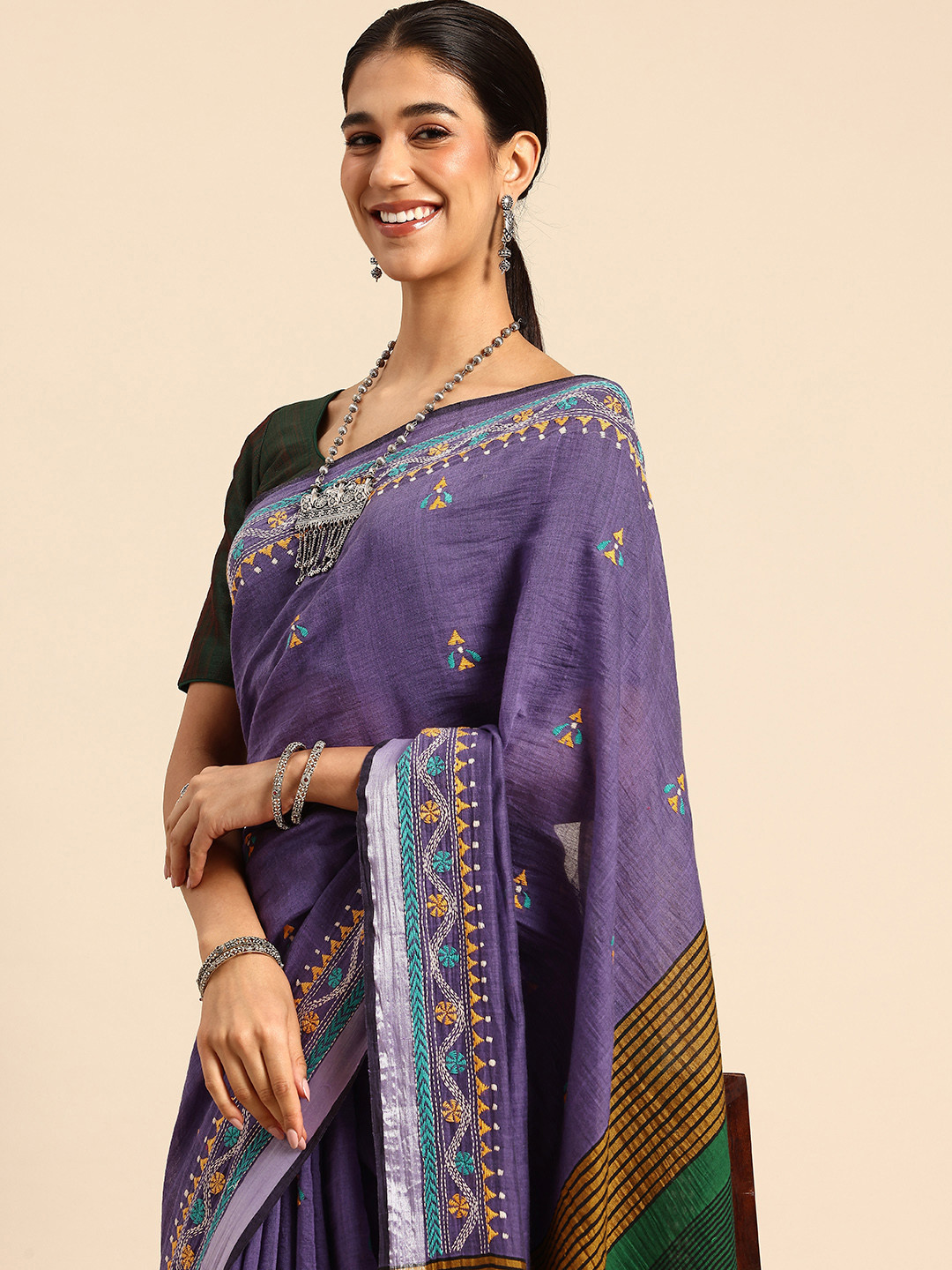 ArtEastri Violet Embroidered Kantha Pure Cotton Saree with Blouse piece
