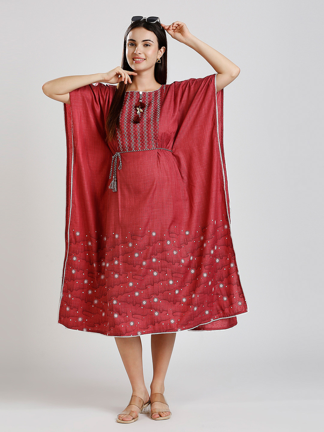DUMMY SHAPE Floral Embroidered Kimono Sleeves Maternity Kaftan Ethnic Dress