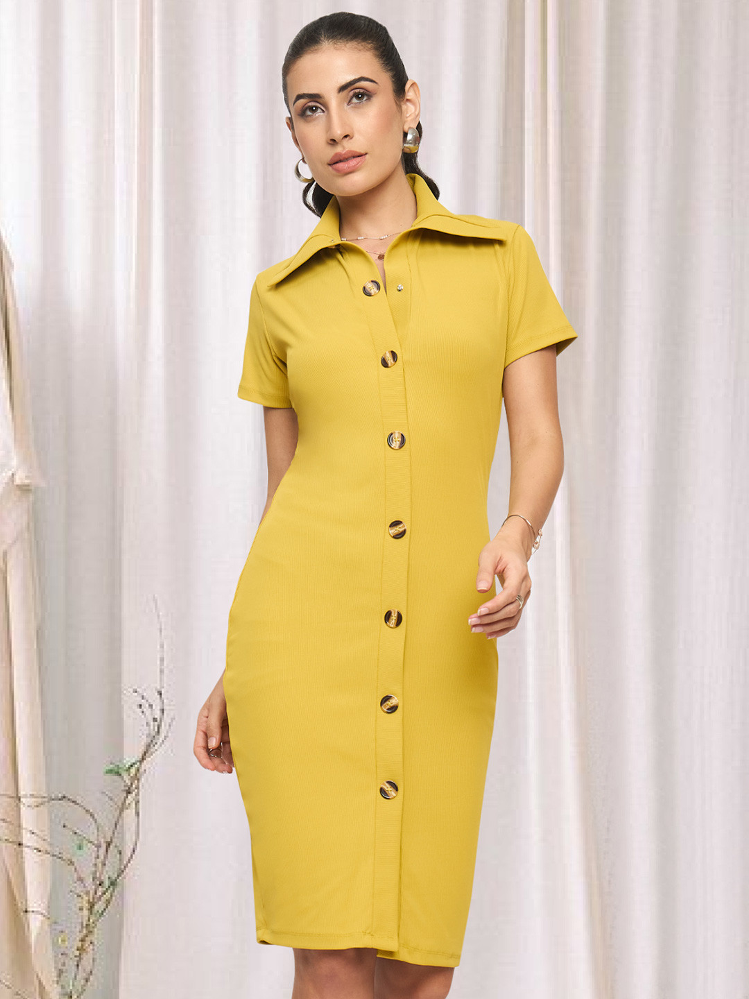 Martini Women Solid Shirt Collar shirt Knee Length Dress