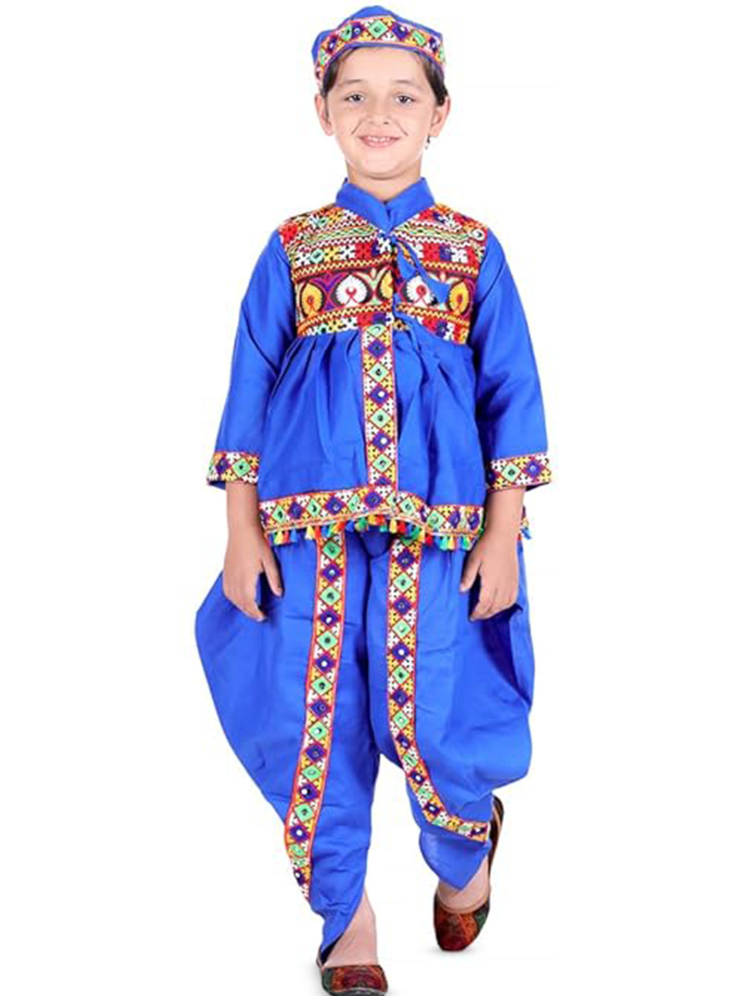 itsmycostume Boys Mandarin Collar Angrakha Kurta with Dhoti & Cap Gujrati Kedia Costume