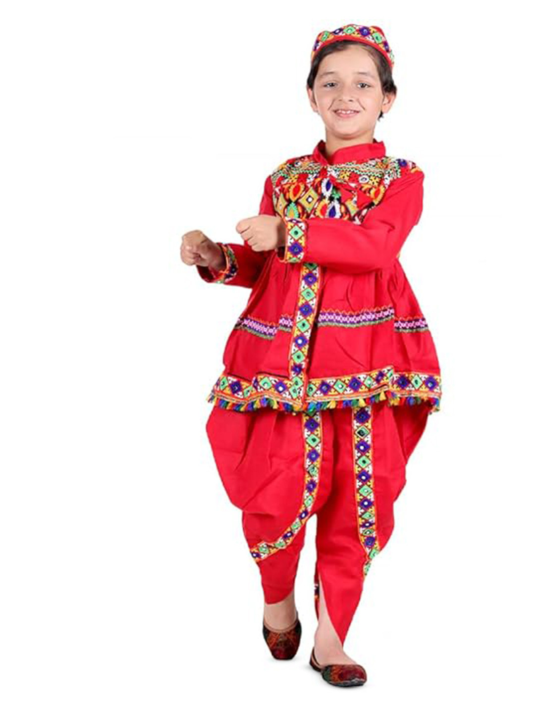 itsmycostume Boys Mandarin Collar Angrakha Kurta with Dhoti & Cap Gujrati Kedia Costume