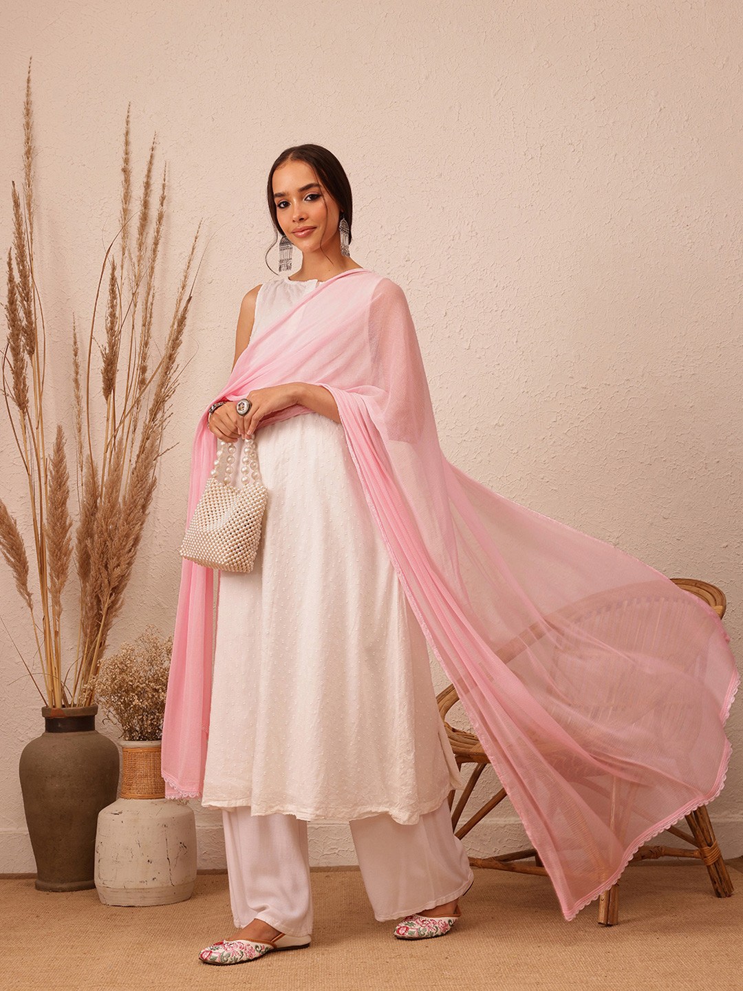 ADA Chiffon Lucknowi Chikankari Dupatta With Taping Border