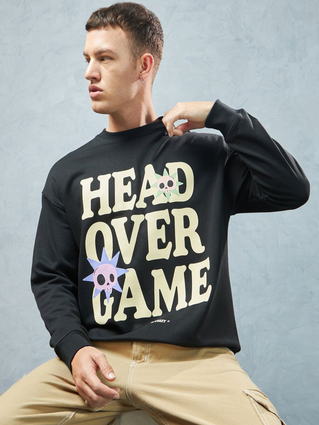 Weezy Men Cotton Round Neck Graphic Printed Oversized Sweatshirt