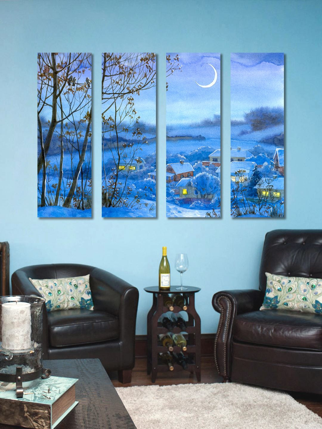 999Store Blue 4 Panel Snow Fall Wall Art