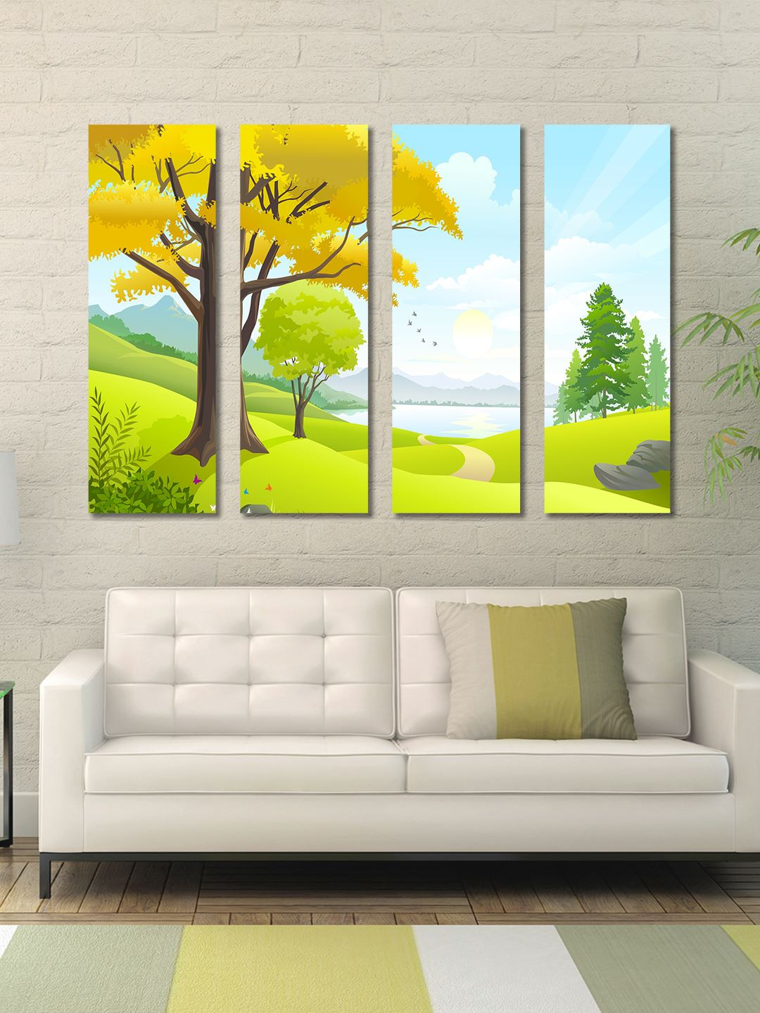 999Store Green & Yellow 4 Panel Green Tree Wall Art