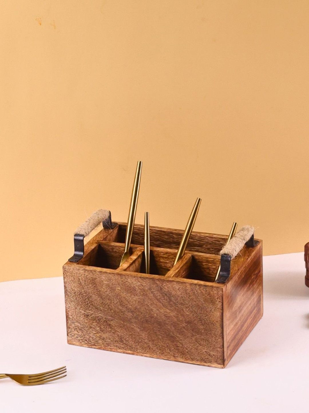 WEAVING HOMES Brown Wooden Cutlery & Tissue Holder