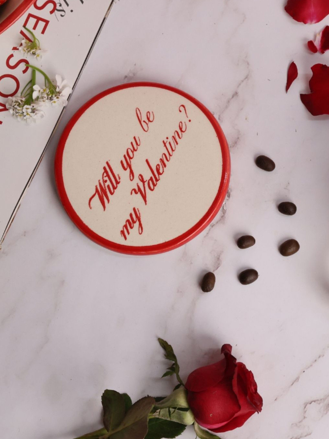 WEAVING HOMES Red & White Will You Be My Valentine Printed Ceramic Coaster