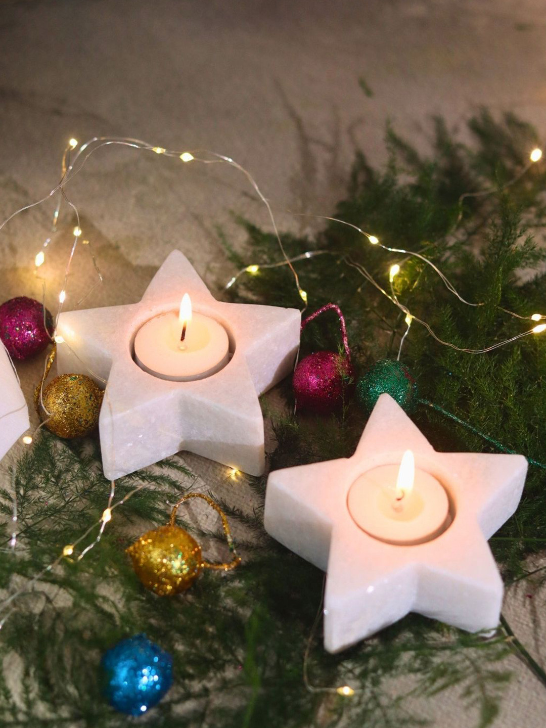 WEAVING HOMES White 2 Pieces Marble Star Candle Holder