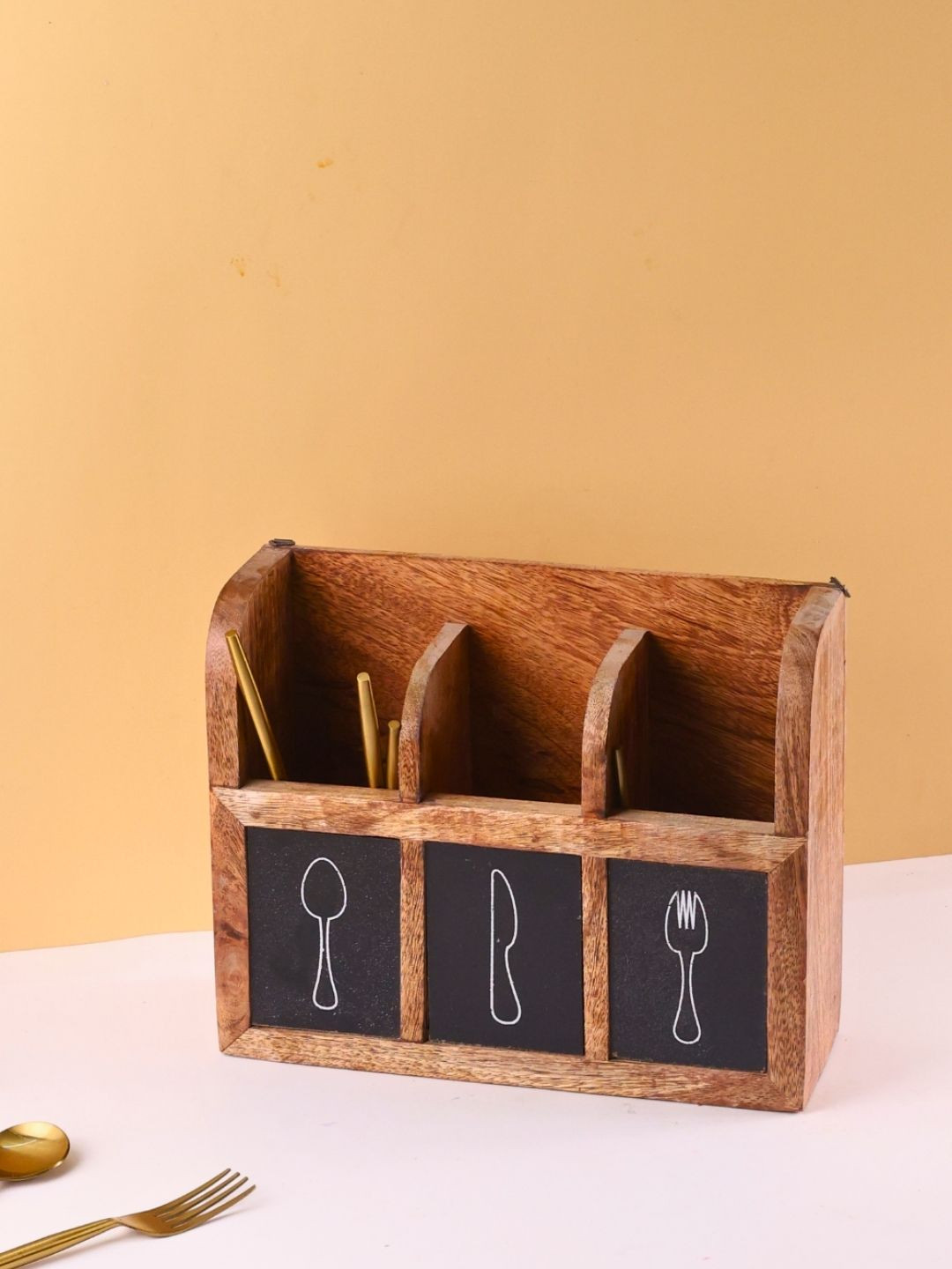 WEAVING HOMES Brown Printed Wood Cutlery Holder