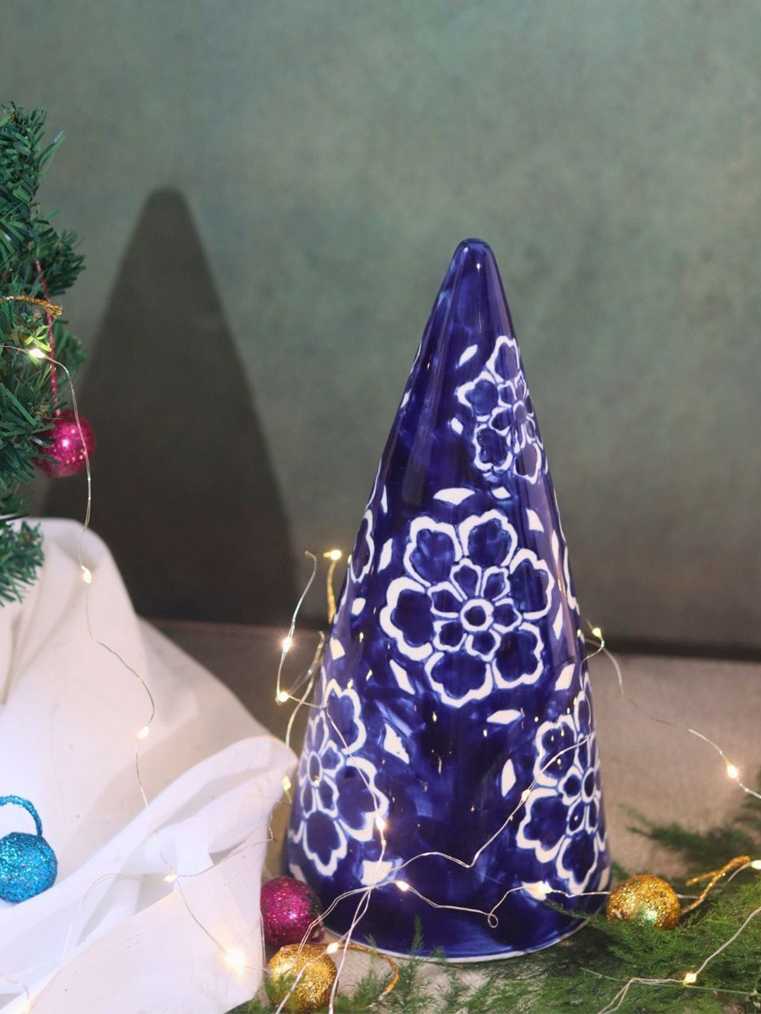 WEAVING HOMES Blue & White Floral Ceramic Christmas Tree