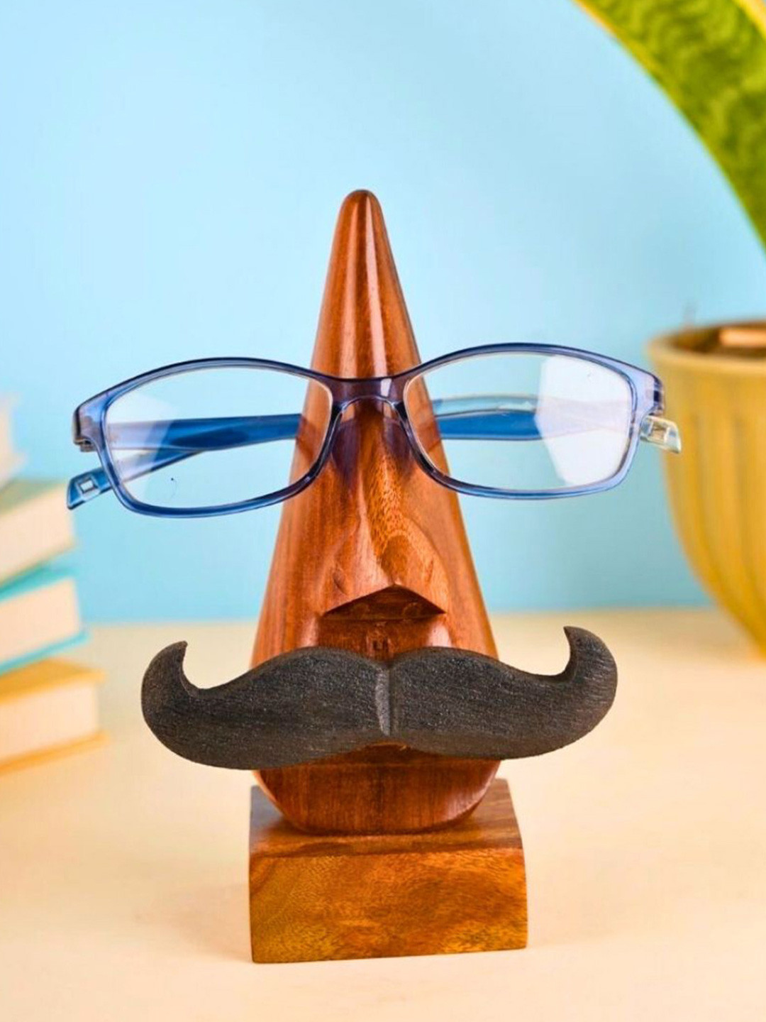 WEAVING HOMES Brown Wooden Moustache Specs Stand
